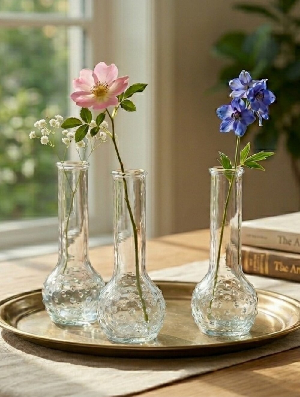 Set of 3 Vintage Style Clear Glass Bud Vases - Textured Bubble Base